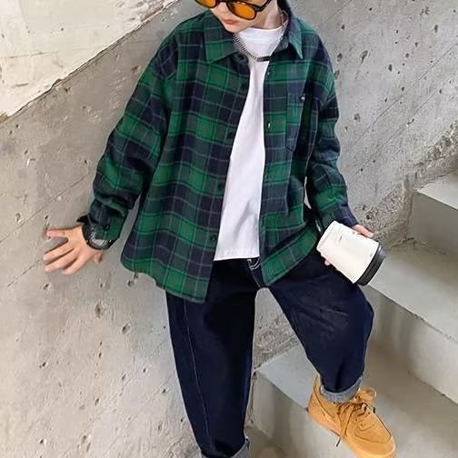 Boys' Cotton Shirt Long-sleeved 2023 New Western Style Korean Style Middle and Large Children's Summer Boys' Shirt Top Trendy