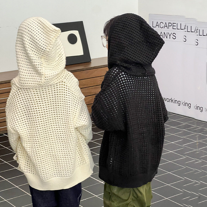 Picture of Children's Cut Out Knitted Cardigan Spring Korean Fashion Medium and Large Kidsren's Hooded Zipper Shirt Boys Pure Color Mesh Jacket