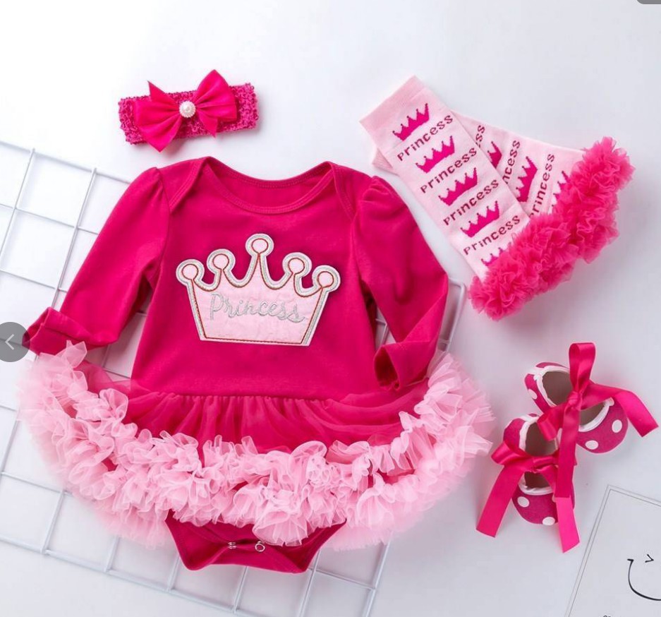 Picture of Cross-border foreign trade baby long-sleeved one-piece dress baby pink yarn dress socks suit girls' holiday children's dress 4-piece set