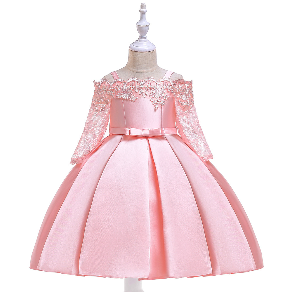 Picture of 2024 cross-border new girls' dress off-shoulder lace hollow-out long sleeve princess dress kids dress
