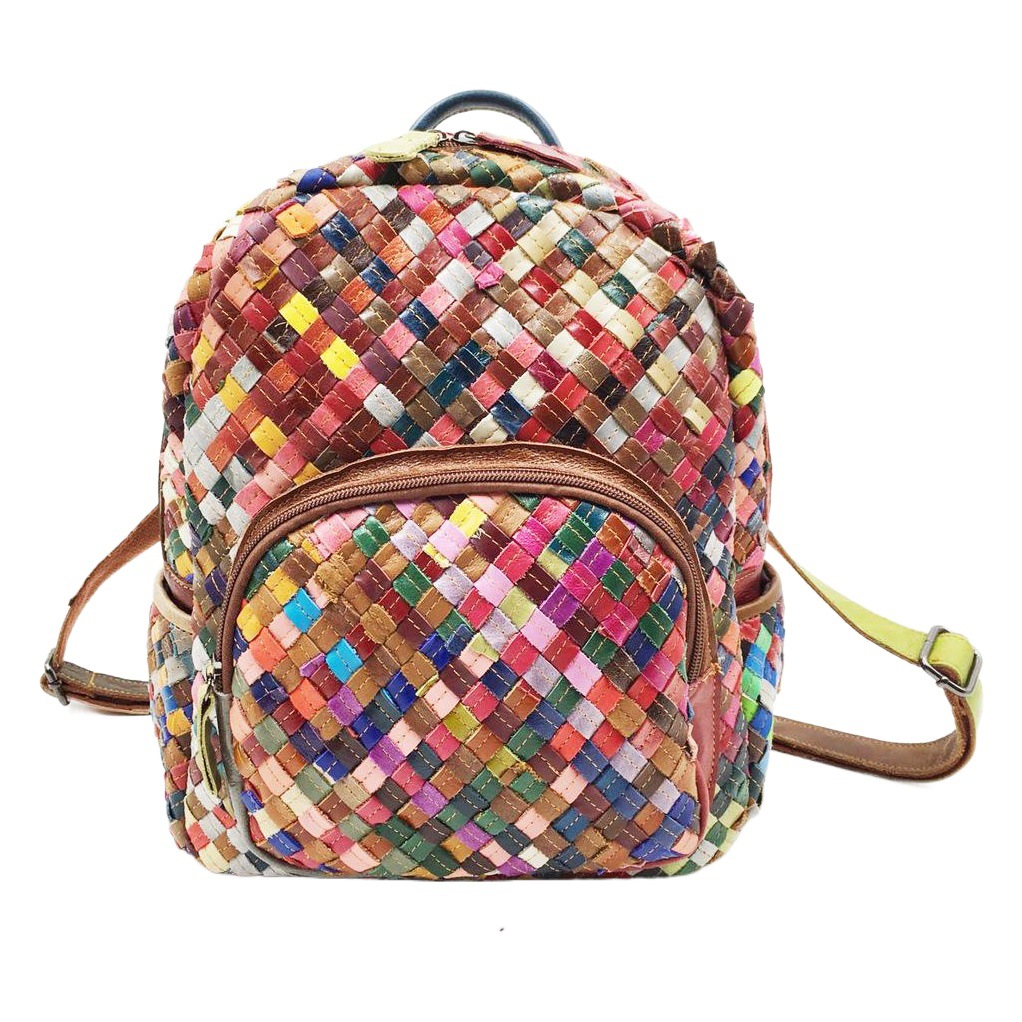 2025 fashion women's bag leather backpack stitching color leather hand-woven shoulder bag women's bag a generation of hair
