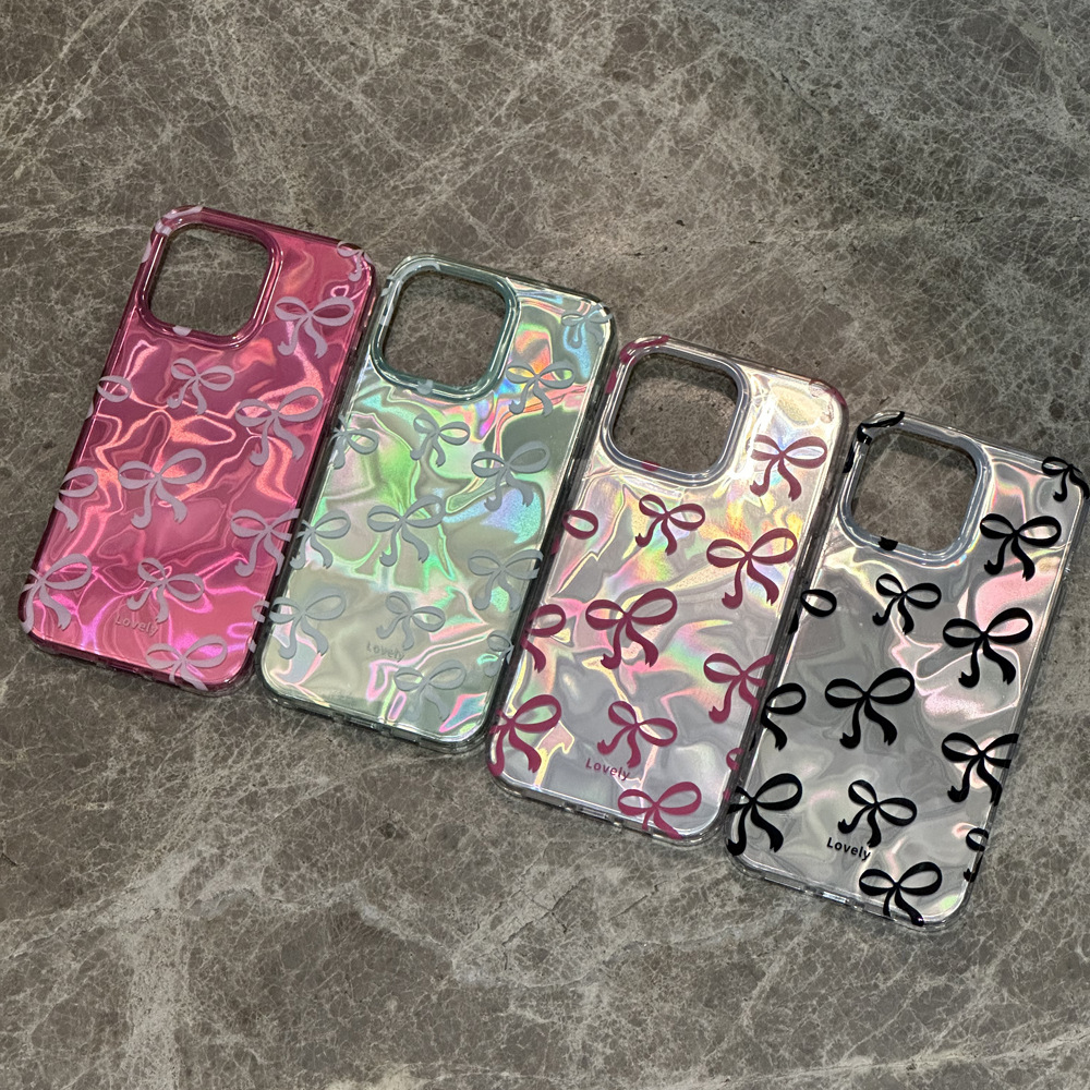 Water Ripple Powder Silver Bow for iPhone15 Apple 16promax Phone Case Laser 14 Girl 13 Soft