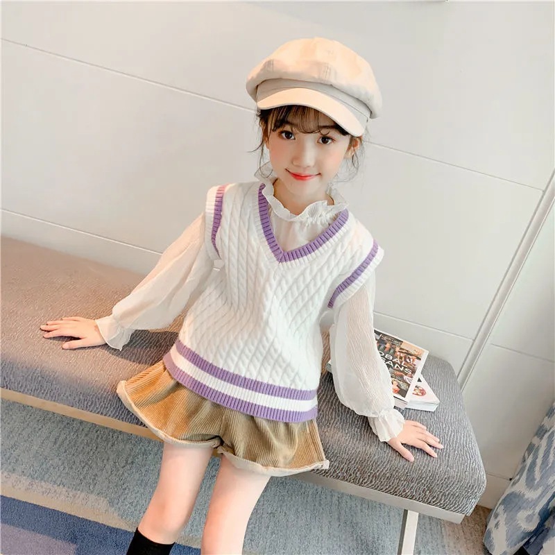 Girls' Internet Popular Vest Sweater Spring and Autumn New Arrival CUHK Children's College Style V-Neck Stylish Wool Knitted Vest