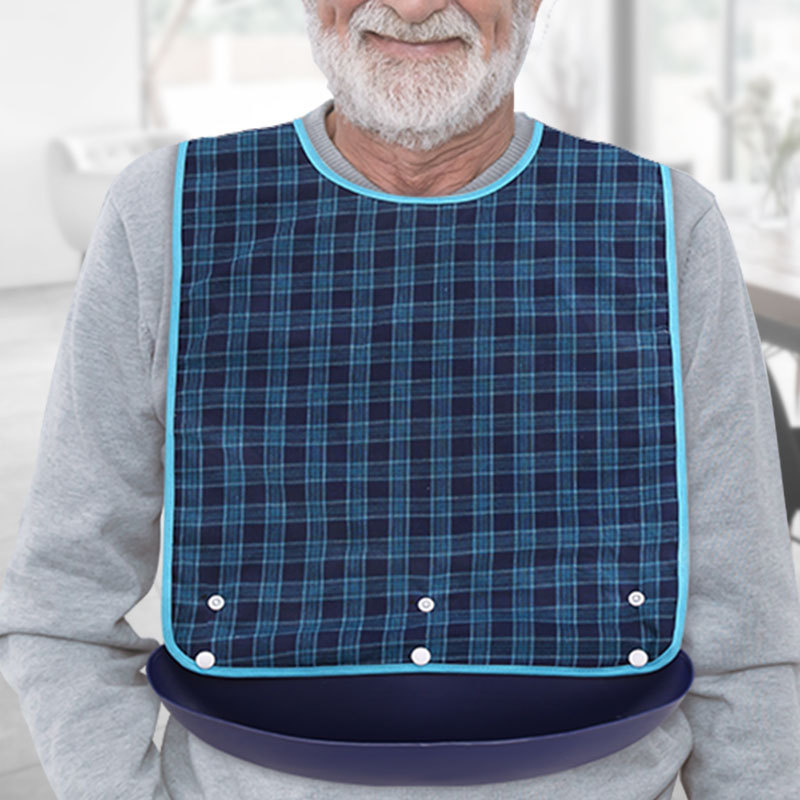 Picture of Adult Pure Cotton Plaid Bib Dining Bib Adult Double-Sided Food Bucket Elderly Adult Slippery Bucket Waterproof