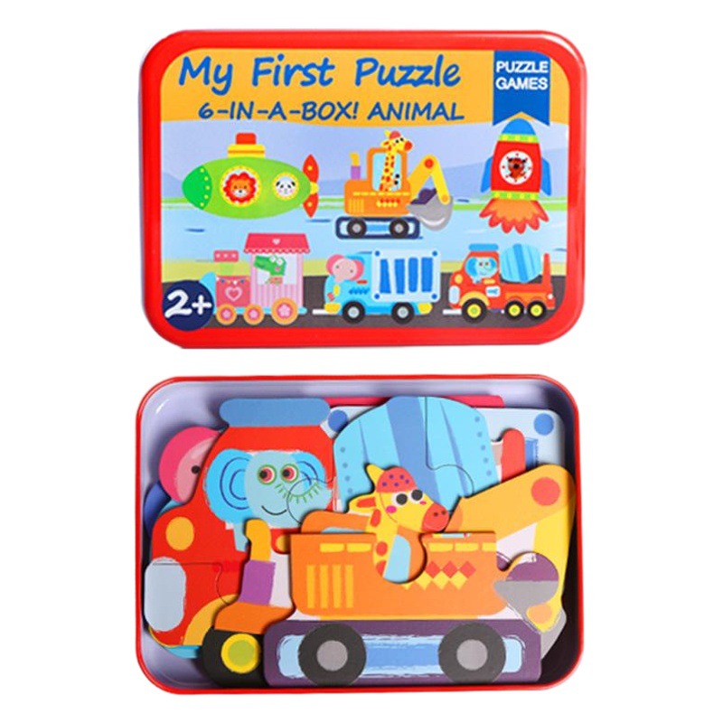 Children's Wooden Iron Box Six-in-One Puzzle Cartoon Animal Traffic Block Puzzle Board Baby Toys 2-3-4 Years Old