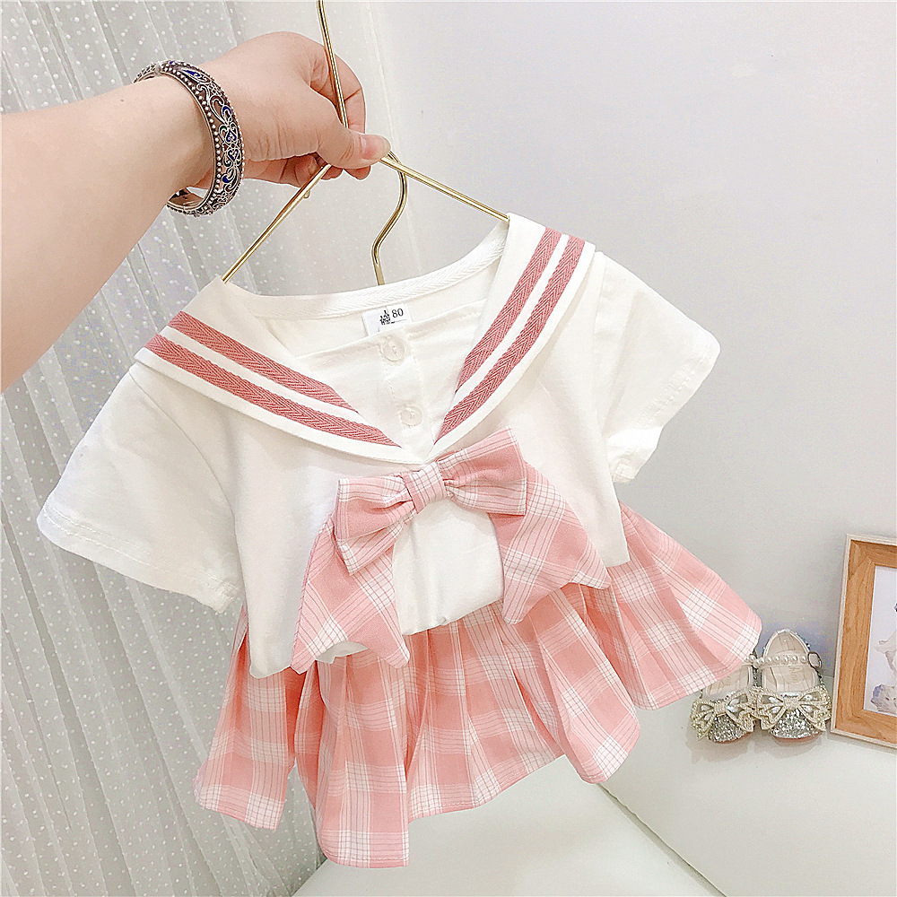 2025 New Girls' Clothing Mesh Bow T-Shirt Pleated Skirt Little Girl Suit Small and Medium-Sized Children's Clothing Girls