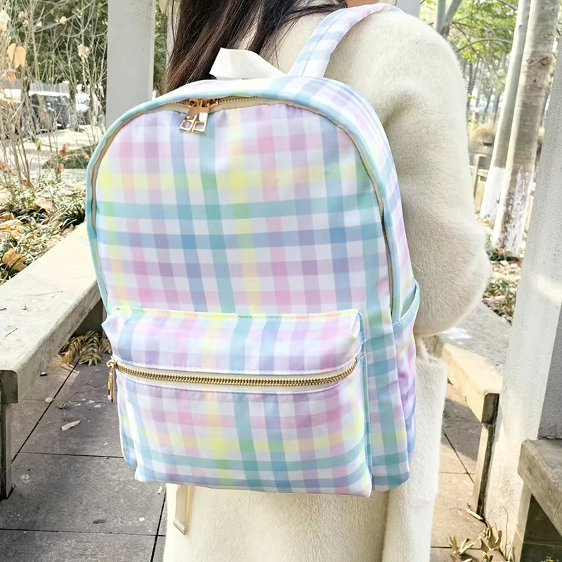 Picture of Cross-border Backpack Nylon Waterproof Rainbow Plaid Backpack Advanced Sense Niche Design Large Capacity Portable Backpack