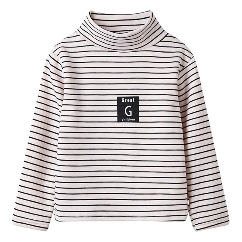 Children's Striped Fleece-Lined Thickened Base Shirt Turtleneck Top Middle Collar Single-Piece Half-High Collar Long-Sleeved T-Shirt for Boys and Girls