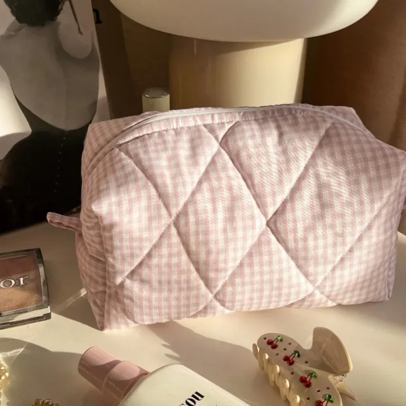 Picture of Sweet Cherry Printed Cosmetic Bag Plaid Fabric Macaron Color Makeup Bag Girl's Toiletries Storage Bag