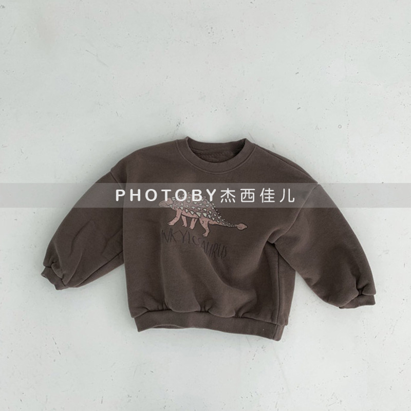 Picture of Infants and Young Children Korean Style Winter New Top for Boys and Girls Baby Western Style Cute Dinosaur fleece-lined Loose Casual Sweatshirt