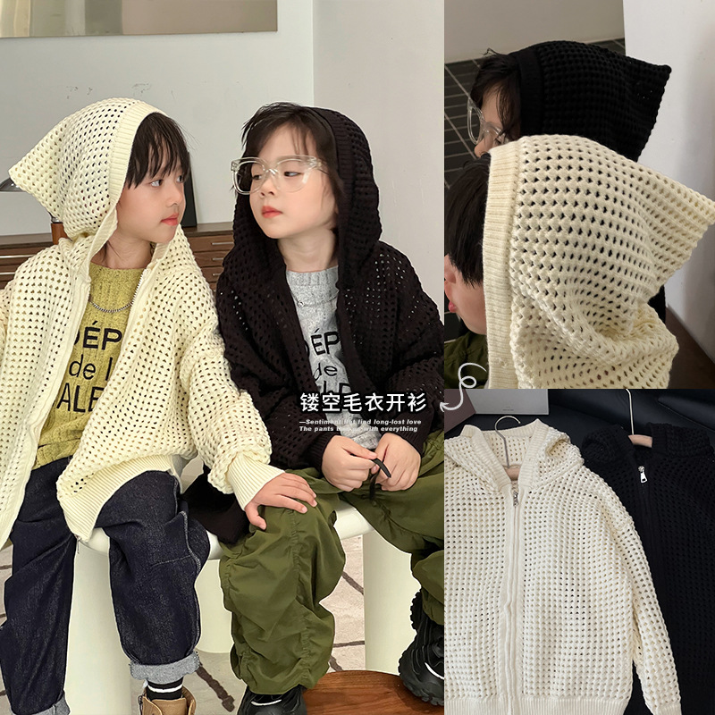 Picture of Children's Cut Out Knitted Cardigan Spring Korean Fashion Medium and Large Kidsren's Hooded Zipper Shirt Boys Pure Color Mesh Jacket