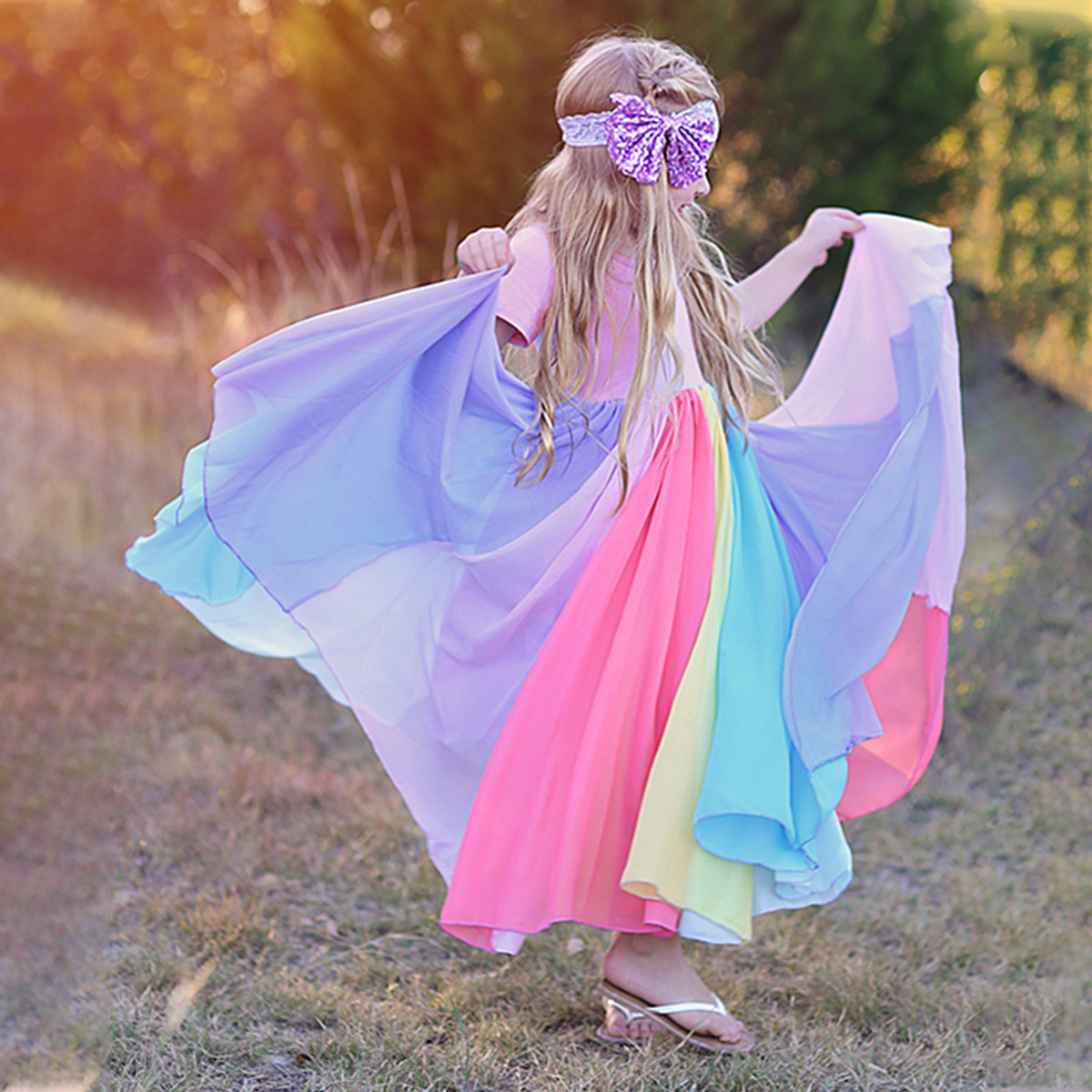 Picture of Foreign trade summer new girls skirt short sleeve rainbow stitching mesh dress girls rainbow princess dress wholesale