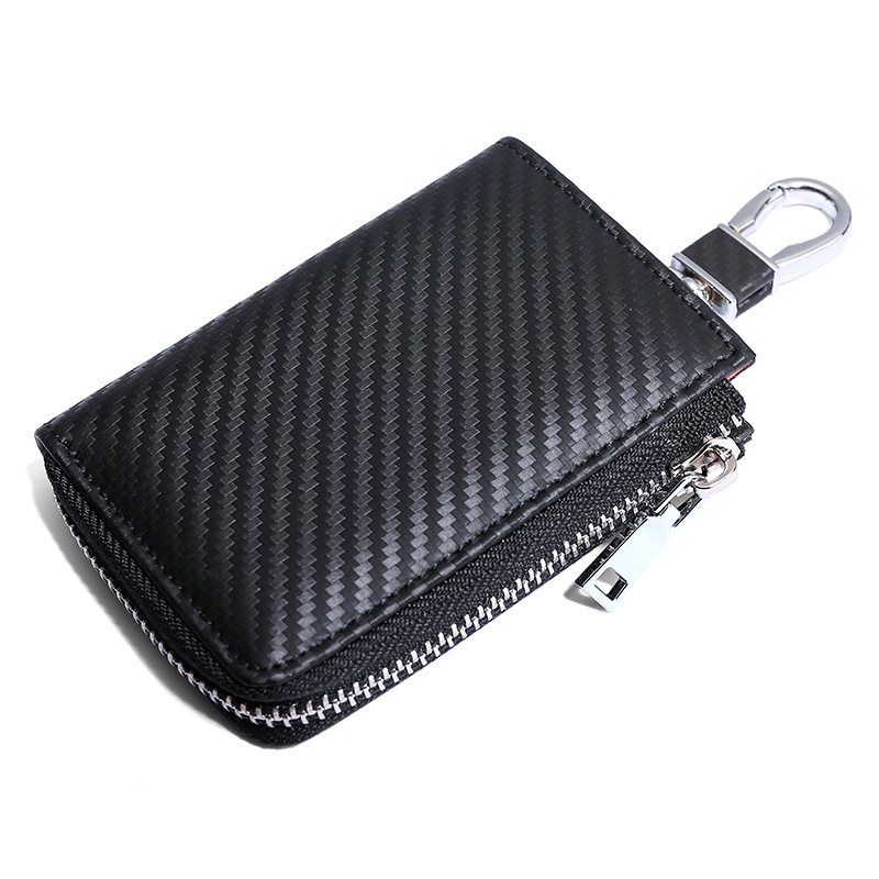Picture of Matte Carbon Fiber Pattern Leather Key Case Men's Multifunctional Contrast Color Zipper Cowhide Key Chain Card Holder 2-in -1