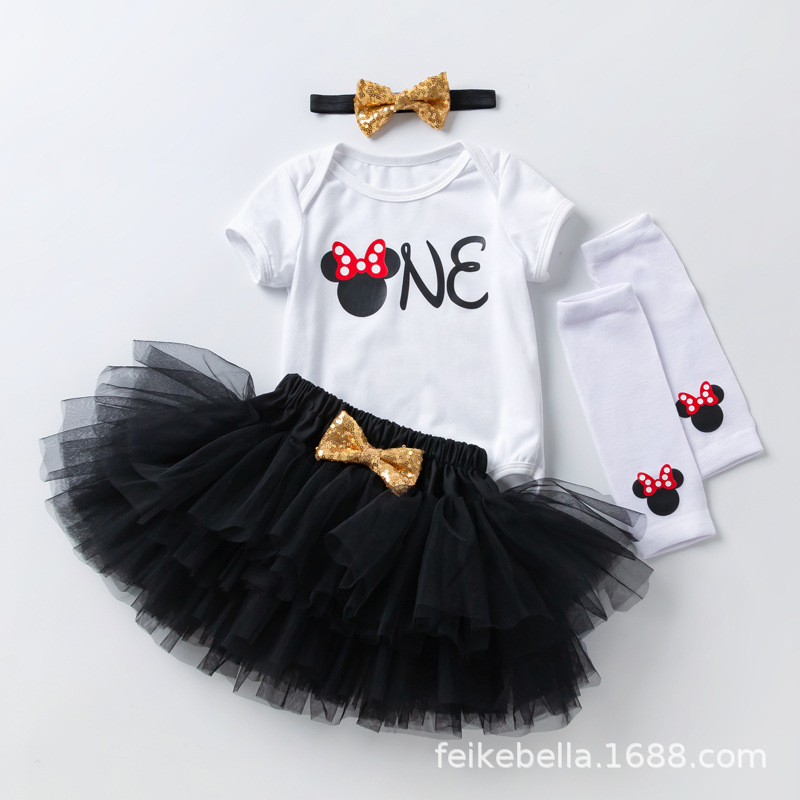 Picture of Cross-Border Children's Clothing Wholesale 4-Piece Set Baby Girl Birthday Set 1-Shaped Short-Sleeved Harem Skirt Socks Set Hair Accessories Set