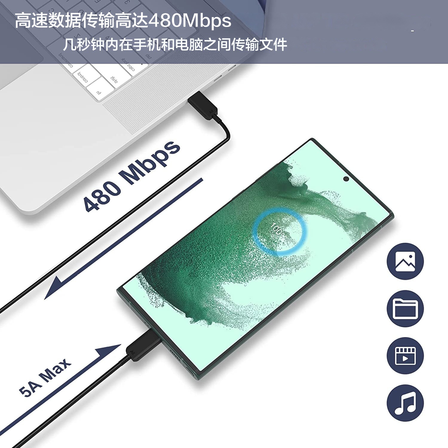 Picture of 5A is suitable for Samsung original 45W double head typec male to male with E-marker chip PD fast charging data line