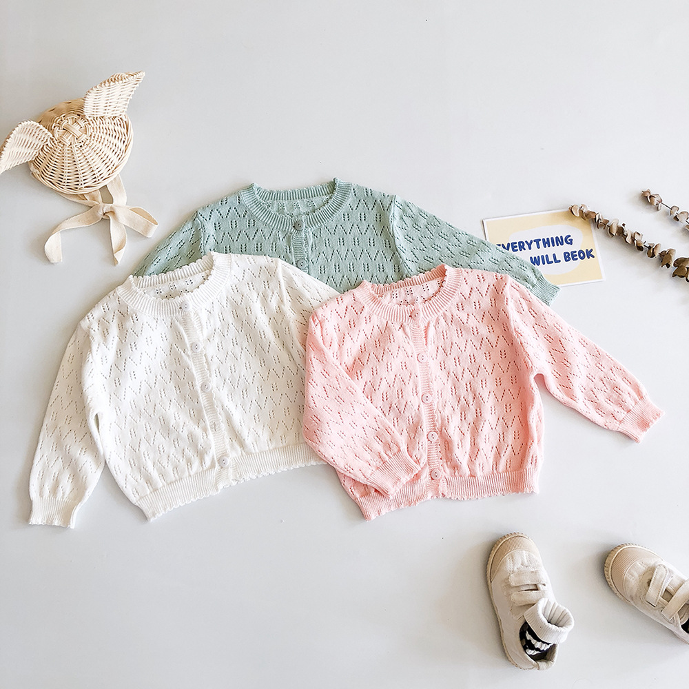 Picture of 2025 Spring and Summer New Sweet Princess Solid Color Cardigan Sun Protection Air Conditioning Shirt Long Sleeve Knitted Hollow Jacket 3 Colors Selection