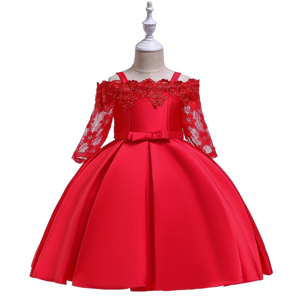 2024 cross-border new girls' dress off-shoulder lace hollow-out long sleeve princess dress kids dress