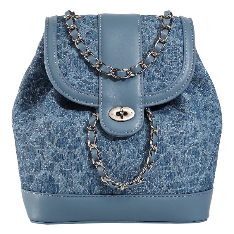 2025 New Denim Blue Chain Backpack Niche Light Luxury Fashion Easiest for Match Travel Large Capacity Handbag for Women