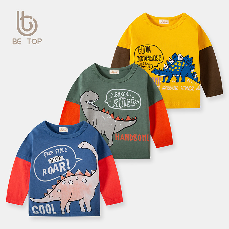 Children's Clothing Autum New Korean Style Dinosaur Patchwork Sleeve T-Shirt Kidsren's Long-Sleeved Boys' Bottoming Shirt Trbottomy Top One Piece Drop Shipping
