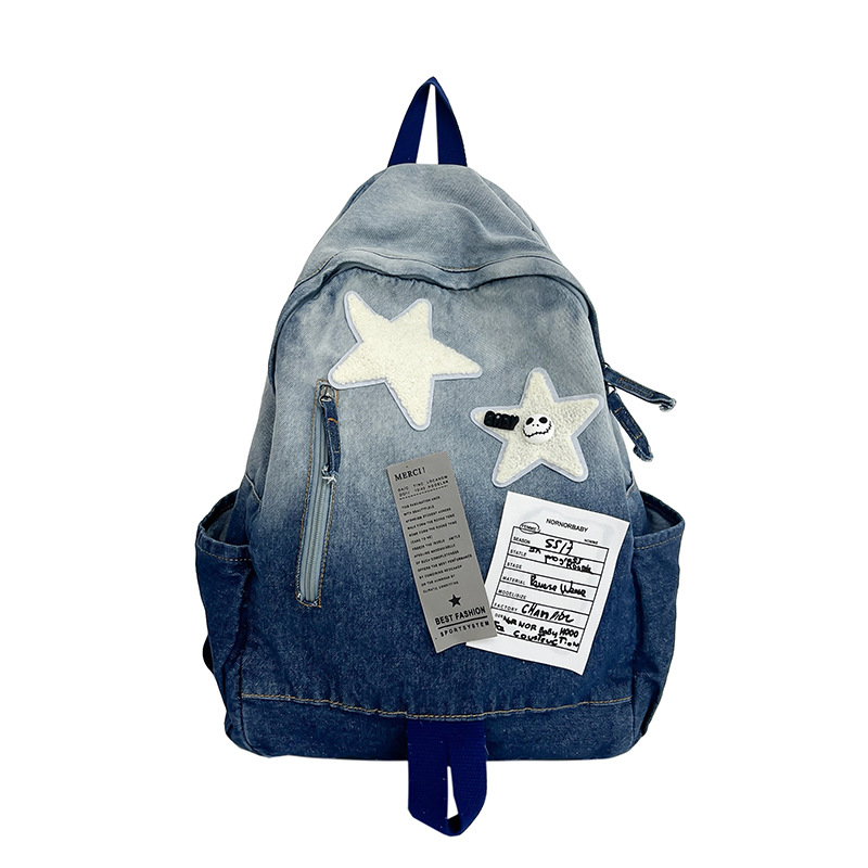 Picture of New Original Gradient Denim Star Backpack for Middle and High School Students, Vintage Style School Bag, Versatile Travel Backpack