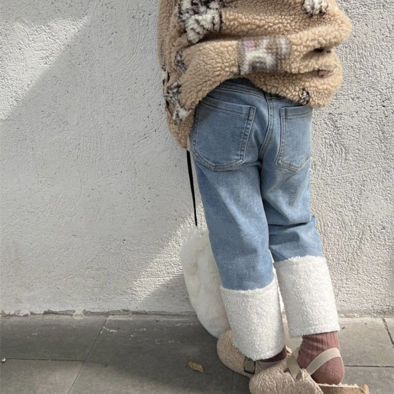 Picture of Girls' fleece-lined jeans one-piece velvet thickened 2023 new baby Western style trousers children's autumn and winter slim pants