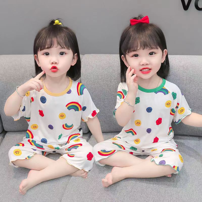Ice Silk Pajamas suit Summer Thin Western Girl's Summer Home Clothes Children's Children's pajamas
