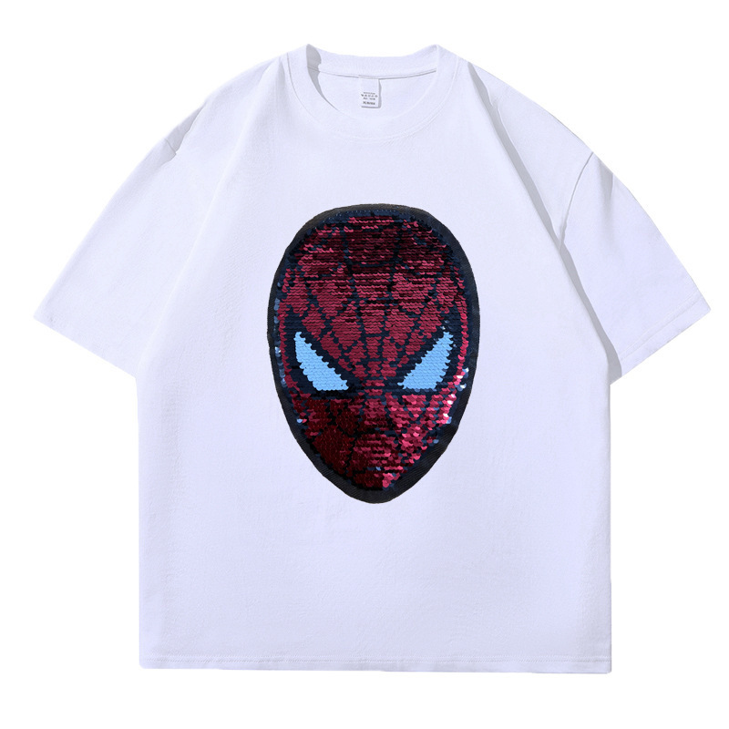 Picture of Cotton Spider-Man Short-sleeved T-shirt for parents and children's clothes fried street couple's fashionable brand summer clothes loose color-changing sequins children's top