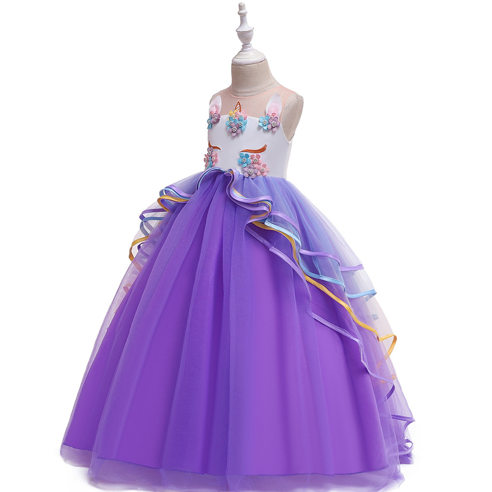 Picture of 2024 Older Children's Long Dress Colorful Mesh Cake Puff Skirt Unicorn Princess Dress Holiday Performance Dress