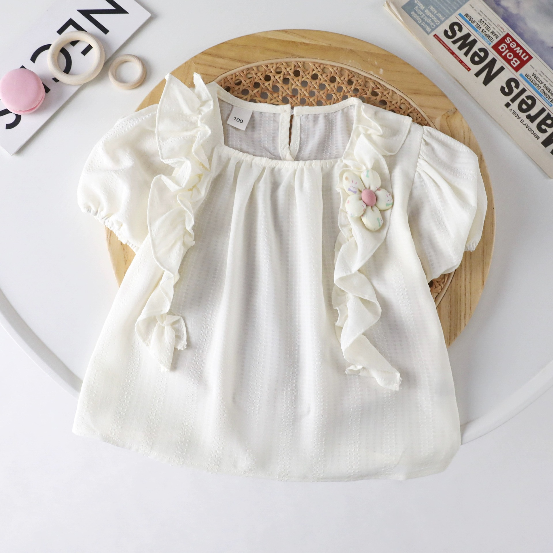 Picture of Girls Summer Shirt 2025 New Baby Girl Fashionable Puff Sleeve Ruffled Princess Style Chiffon Short Sleeve Sun Protection
