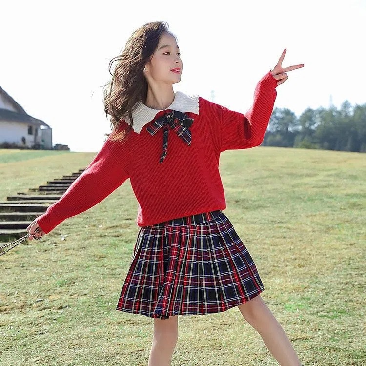 Picture of Girls' autumn clothes suit winter new children's knitted two-piece college style sweater short skirt western style girls' skirt