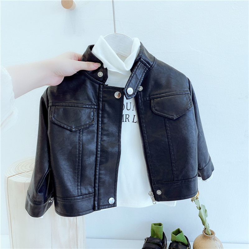 Autumn and Winter Boys and Girls Leather Clothing Slim Fit Kidsren's Baby Handsome Casual Motorcycle Leather Jacket Small and Medium-Sized Kidsren's Style Jacket