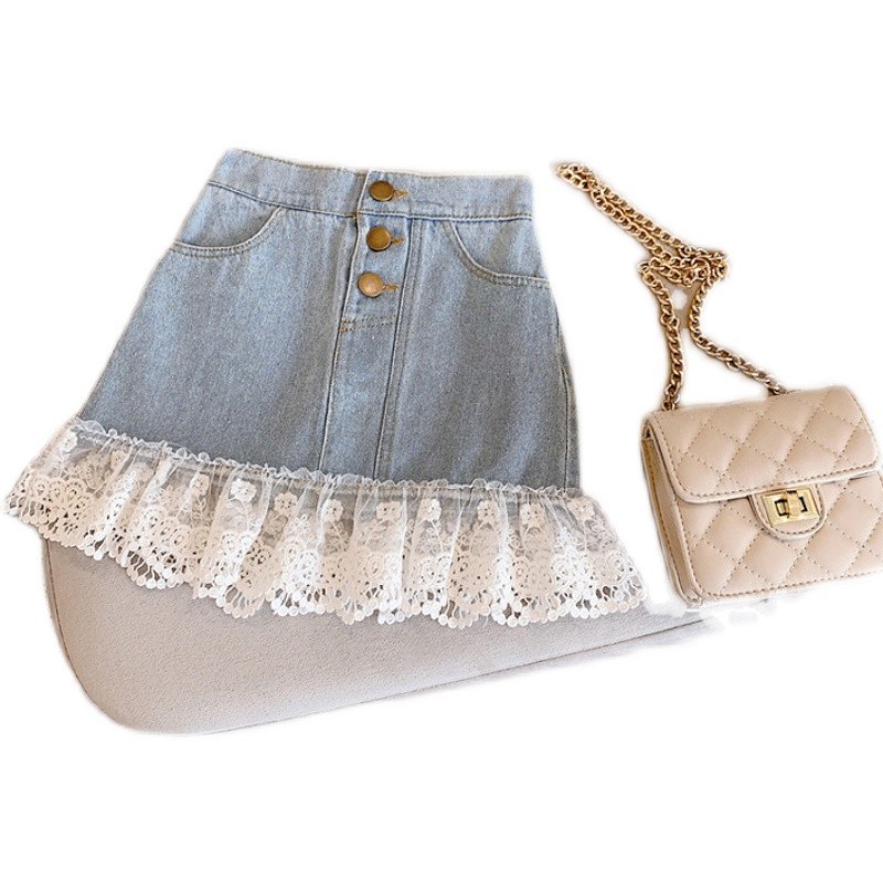 Picture of Girls denim skirt Korean denim stitching lace skirt denim skirt spot a generation of hair