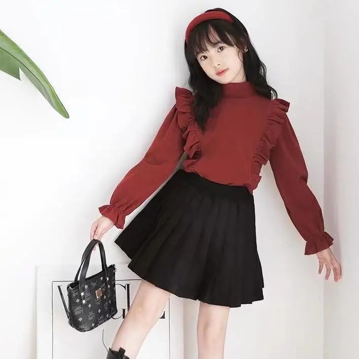 Picture of Girls' Velvet Base Shirt Spring New Children's Korean Style Western Style Lace Solid Color Long Sleeve T-Shirt for Girls