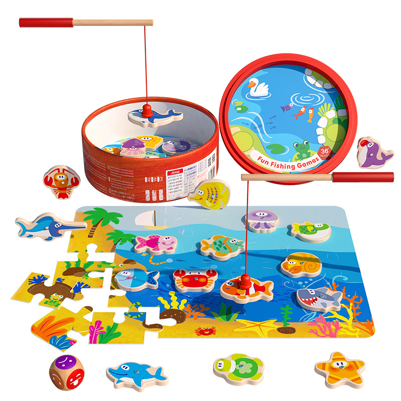 Picture of Children's educational fishing toy marine magnetic fishing bucket double-sided wooden one-year-old baby toy intelligence car