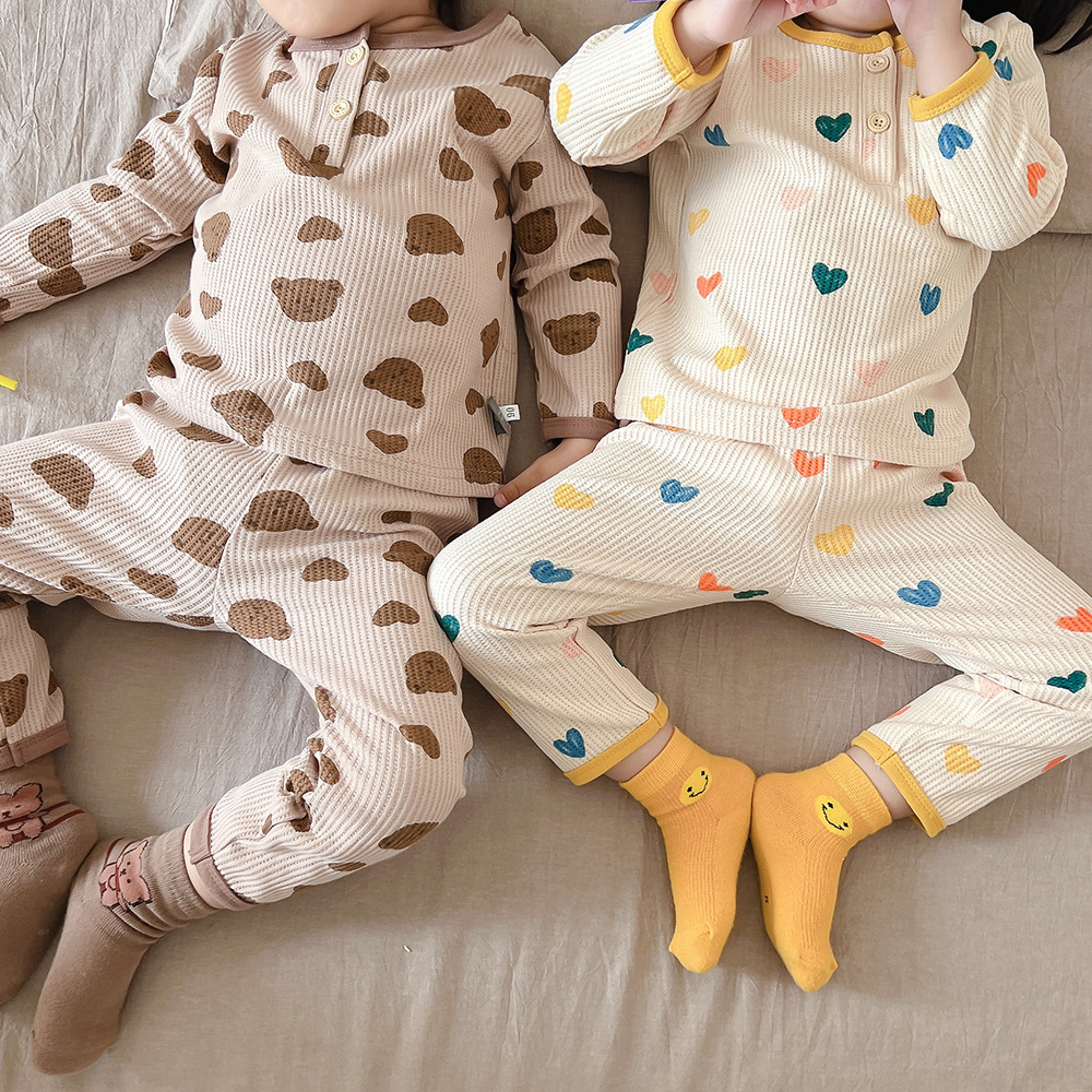 Picture of Children's Pajamas Girls' Home Clothes Boys' Cartoon Pure Cotton Waffle Suit Korean peekaboo Sleepsuit