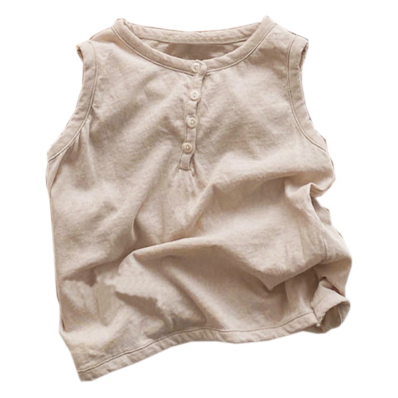2023 Summer Korean Children's Wear New Boys and Girls Korean Cotton Button Sleeveless Vest Solid Color Round Neck T-Shirt 5