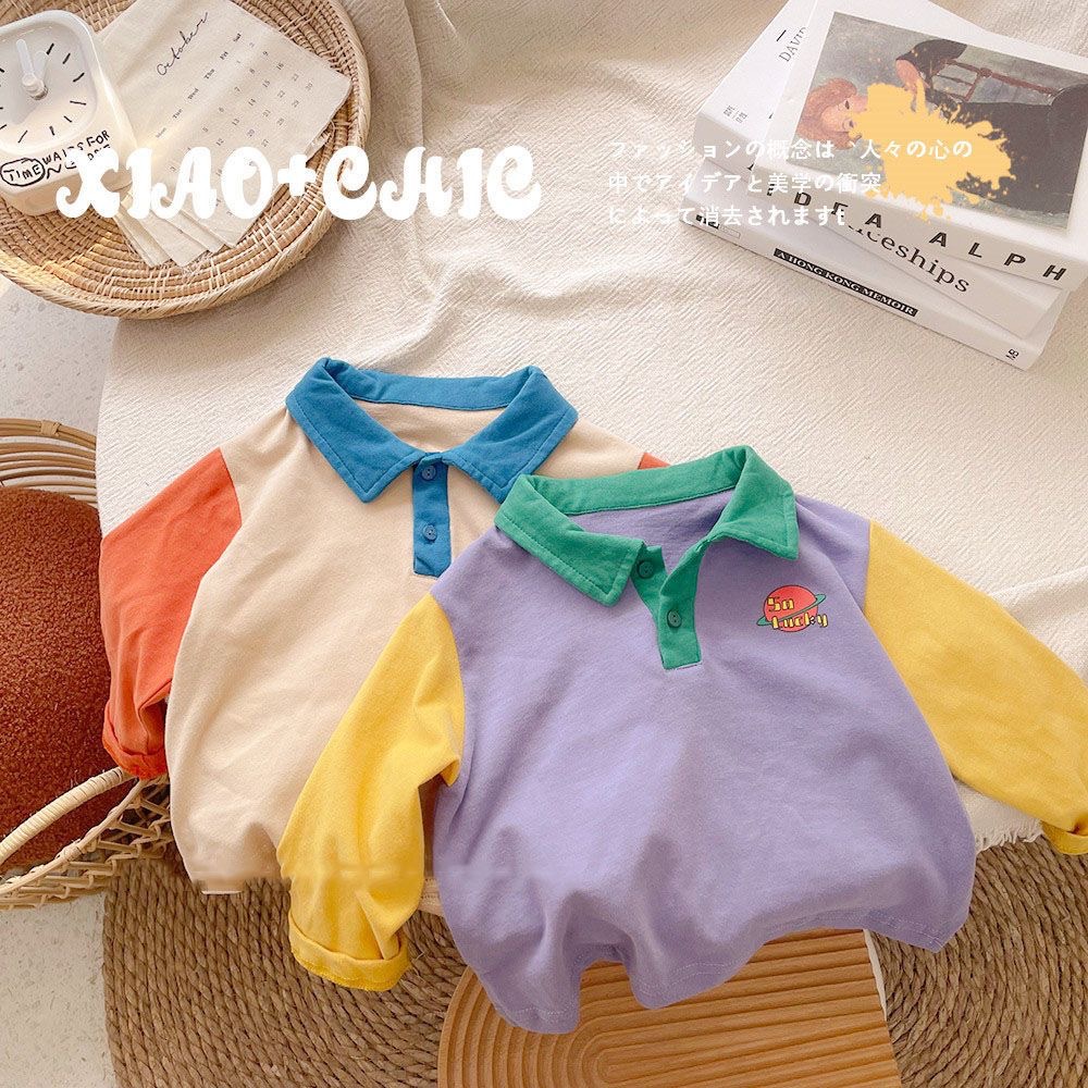 Ins unique color contrast ~ Korean version of children's POLO shirt cotton long sleeve T-shirt baby spring and autumn vests spring and autumn thin