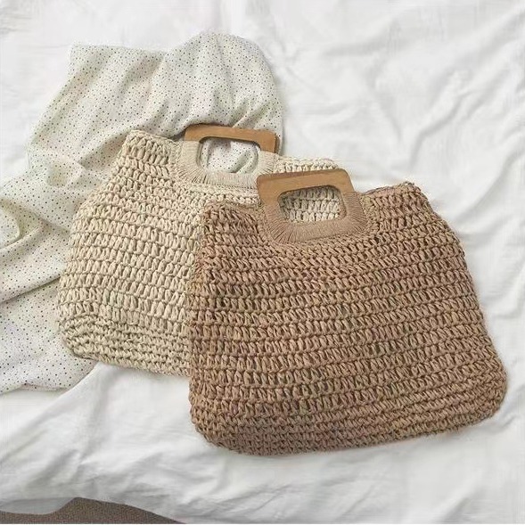 Retro Dual-Use Hand-Woven Bag Large Capacity Wooden Handle Cut Out Straw Bag Ins Seaside Vacation Beach Bag