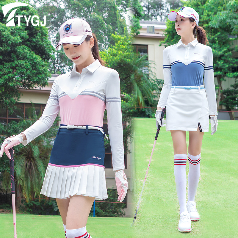 Golf Clothing Women's Autumn and Winter Slimming Look Top Long-Sleeved Lapel T-Shirt Color Matching Korean Style Sportswear for Women