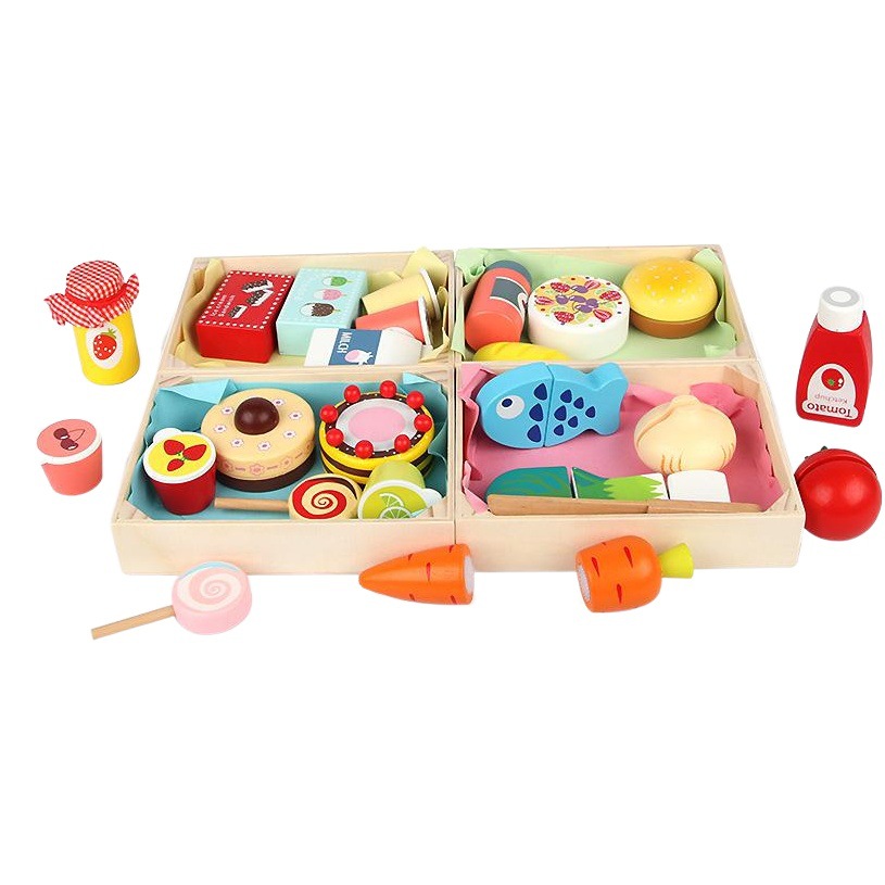 Wooden simulation play house kitchen cut and play toys wooden children wooden box fruit and vegetables cut and see