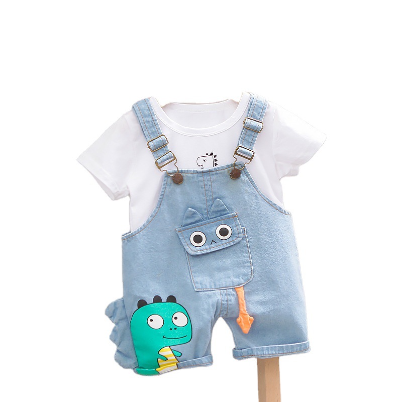 Picture of Summer New Children's Cartoon Dinosaur Short-sleeved Suspender Pants Set Round Neck Printed Short-sleeved Shorts Two-piece Set