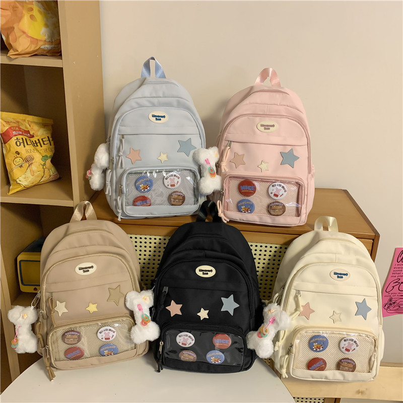 Picture of Ins Transparent Badge Casual Backpack Large Capacity All-match College Style School Bag Cute Commuter Backpack