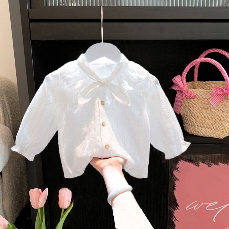 Picture of Girls' Shirt Children's Spring and Autumn Clothes Korean Style Western Style White Lace Shirt with Large Lapel for Baby Long Sleeve Top
