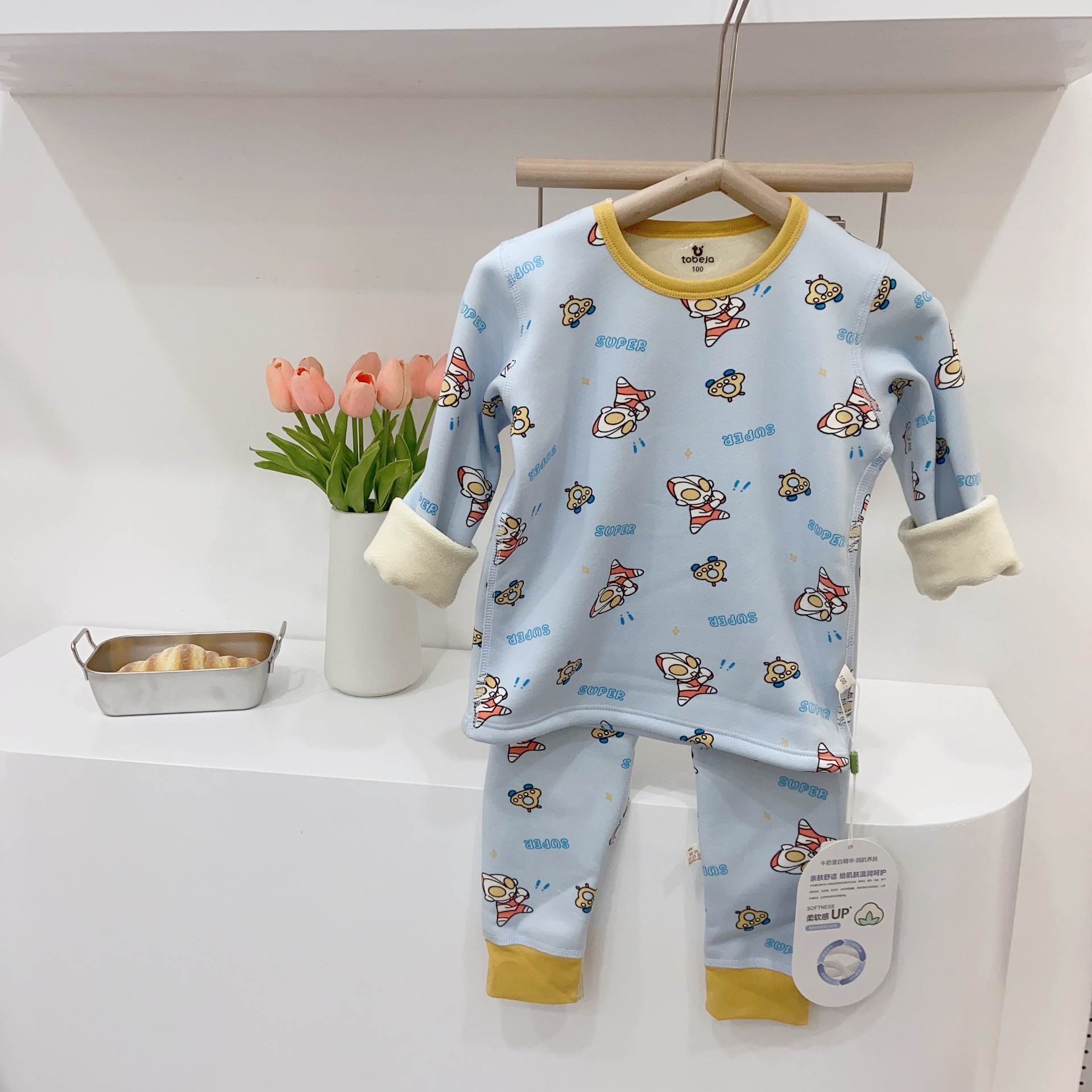 Picture of ZhongDa Children's Cherry Blossom Velvet Home Clothes Children's Warm Lined Velvet Thickened Pajamas Set Boys and Girls Corset Underwear Set