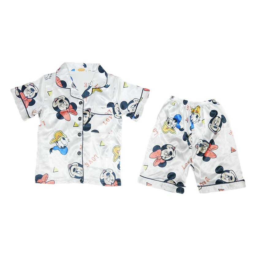 European and American Foreign Trade Children's Silk Cute Cartoon Pajamas Summer Short-sleeved Loose High-elastic Satin Home Clothes for Boys and Girls