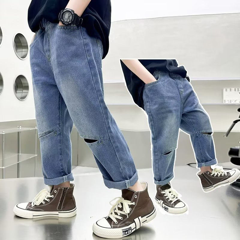 Children's Trousers Boys' Loose Casual Jeans 2024 Spring and Autumn New Boys and Children's Design Sense Ripped Jeans