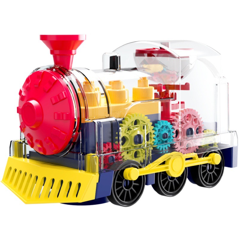 Shake the sound of the same puzzle transparent gear small train light music Universal walking children's electric toy car stall