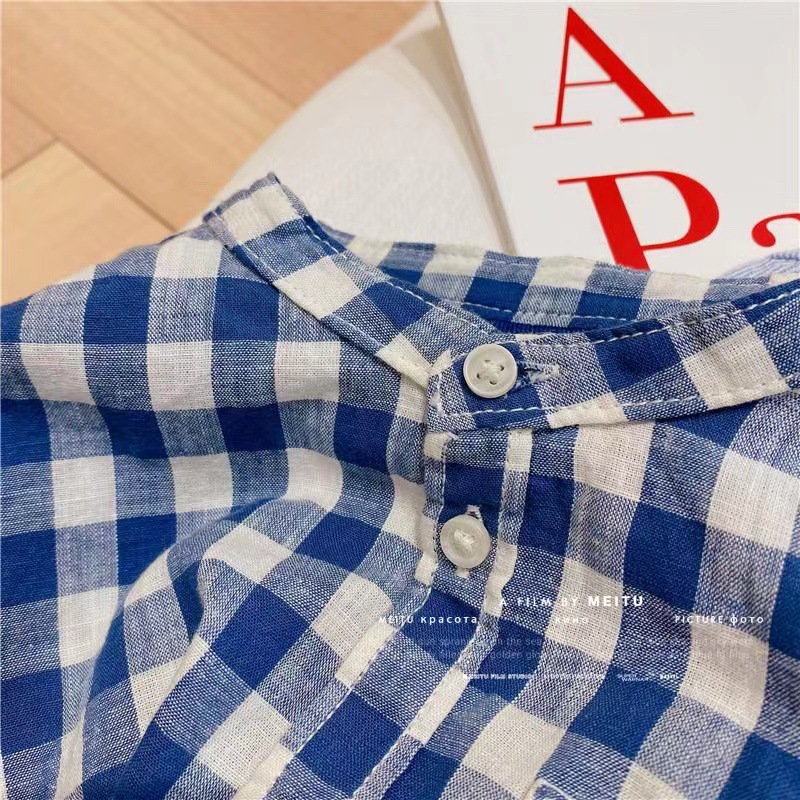 Picture of Children's Shirt 2024 Summer New Boys and Girls Plaid Casual Striped Washed Cotton Shirt Stand Collar Short-sleeved Shirt Trendy