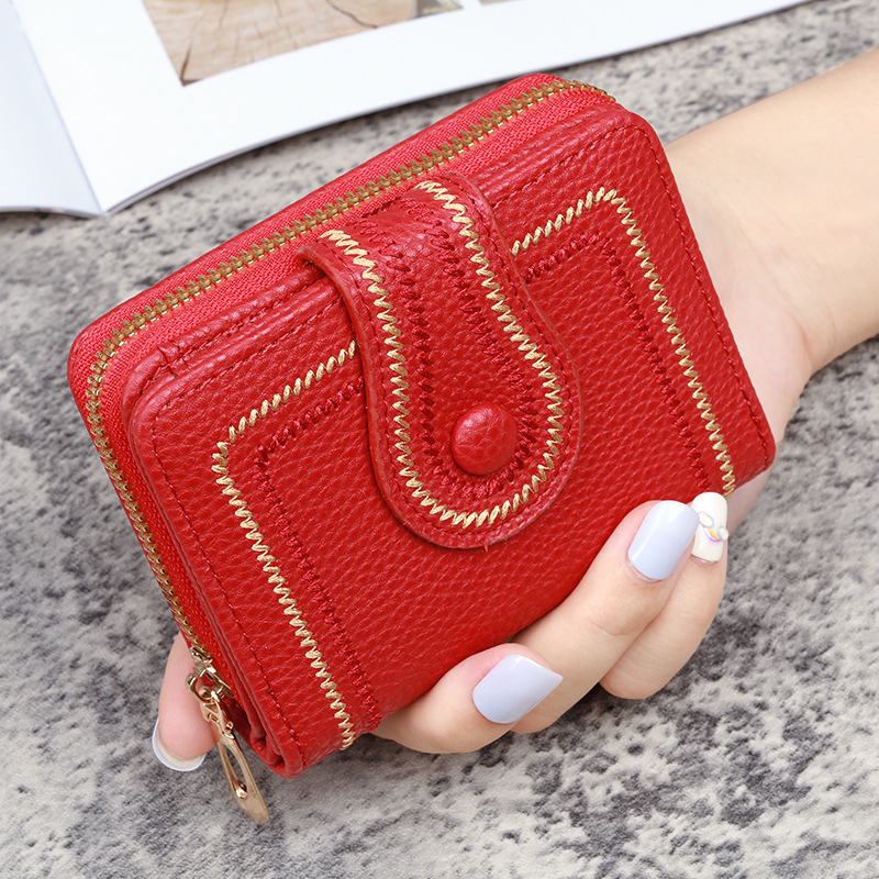 Picture of New Korean Women's Short Bag Zipper Buckle Wallet Lychee Embroidered Solid Color Coin Purse ID Card Bag