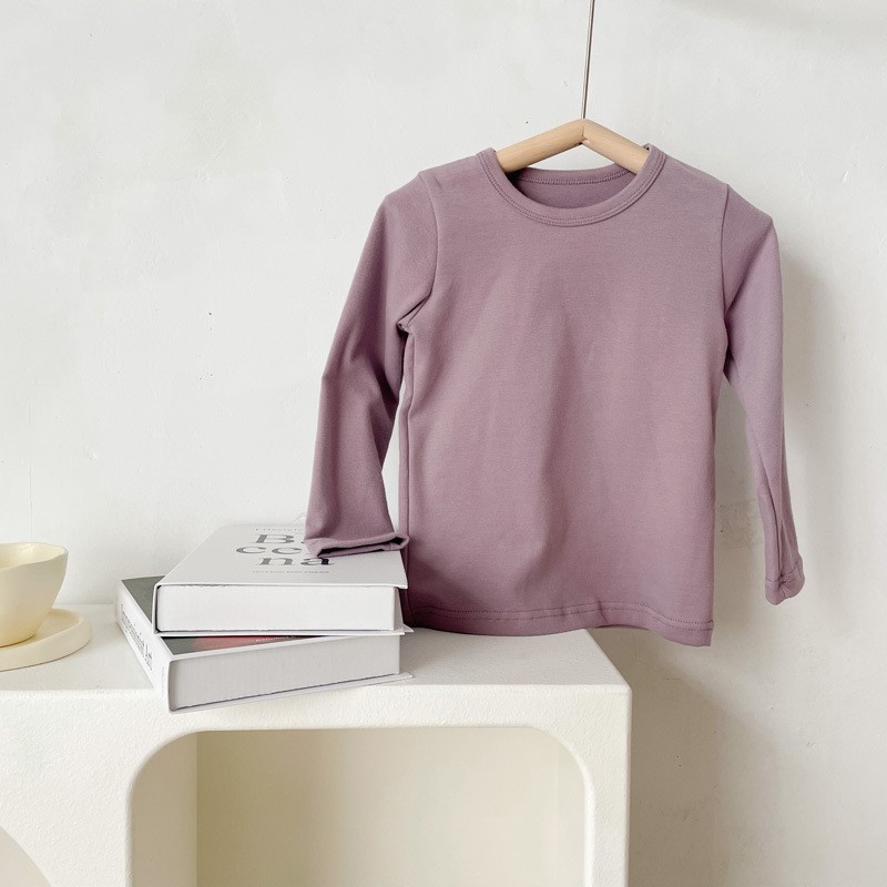 Picture of 2023 Children's Cotton Long-sleeved T-shirt Base Shirt Spring and Autumn Loose Solid Color Round Neck Sanding Top for Boys and Girls